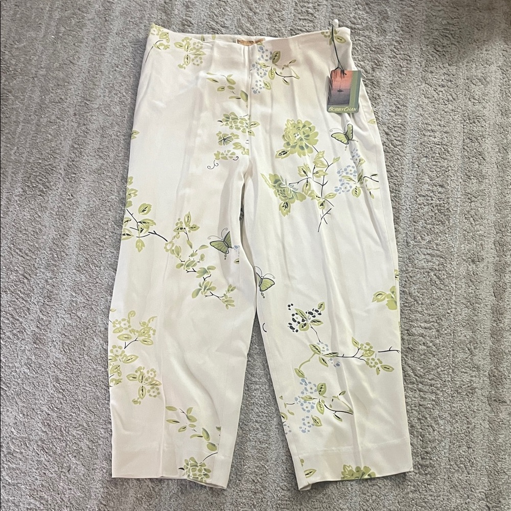 NWT Bobby Chan Floral Leaf Silk Cotton Capri Pants 10